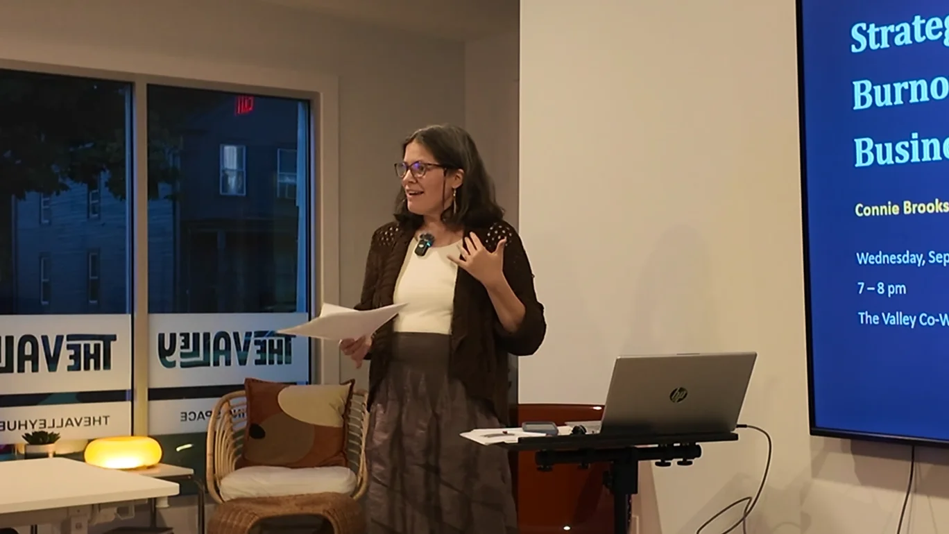 Connie Brooks speaking about avoiding burnout at The Valley Hub