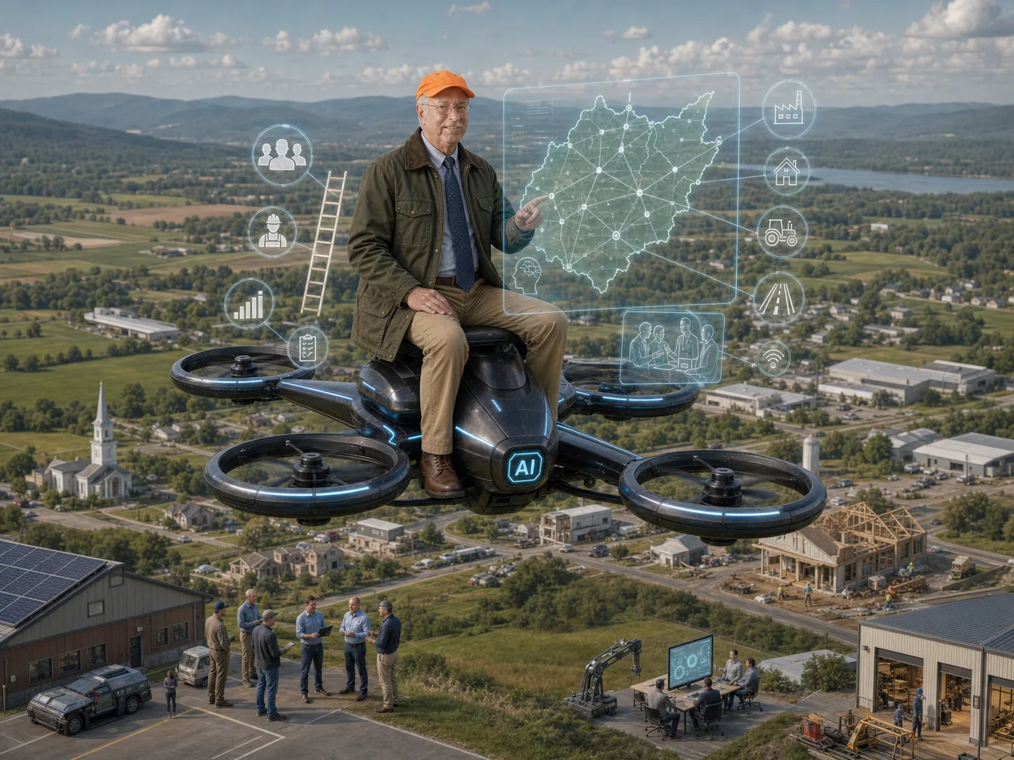 An older man on an AI drone mapping connections among workers, industry, housing, agriculture, and infrastructure